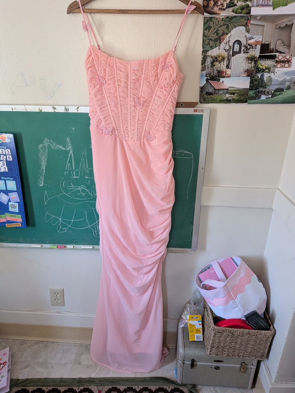 House Of CB Elegant Pink Ruched Evening Dress Mesh— Sleeveless Spaghetti Strap